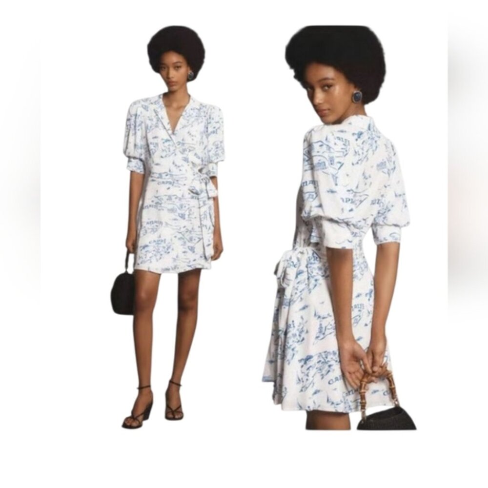 Anthropologie Maeve Chic Blue and White Wrap Mini Dress Size XSP